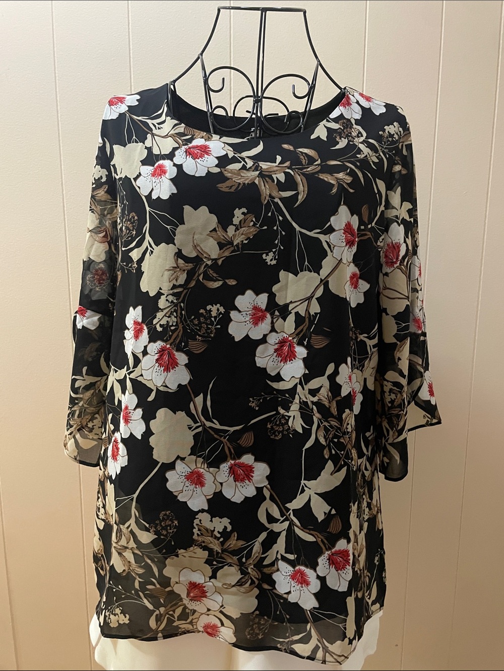 Floral Black Chiffon Blouse with Red Accent Flowers